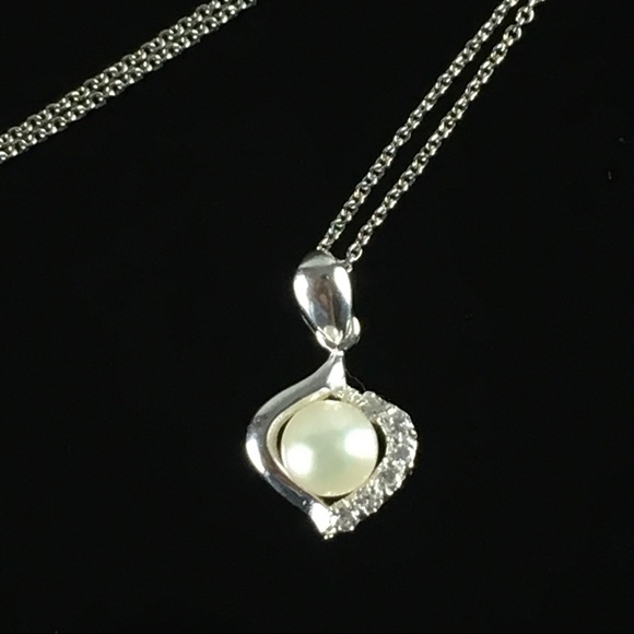 925 Silver Necklace Pearl & CZ Crystal Rhinestone - Picture 3 of 8